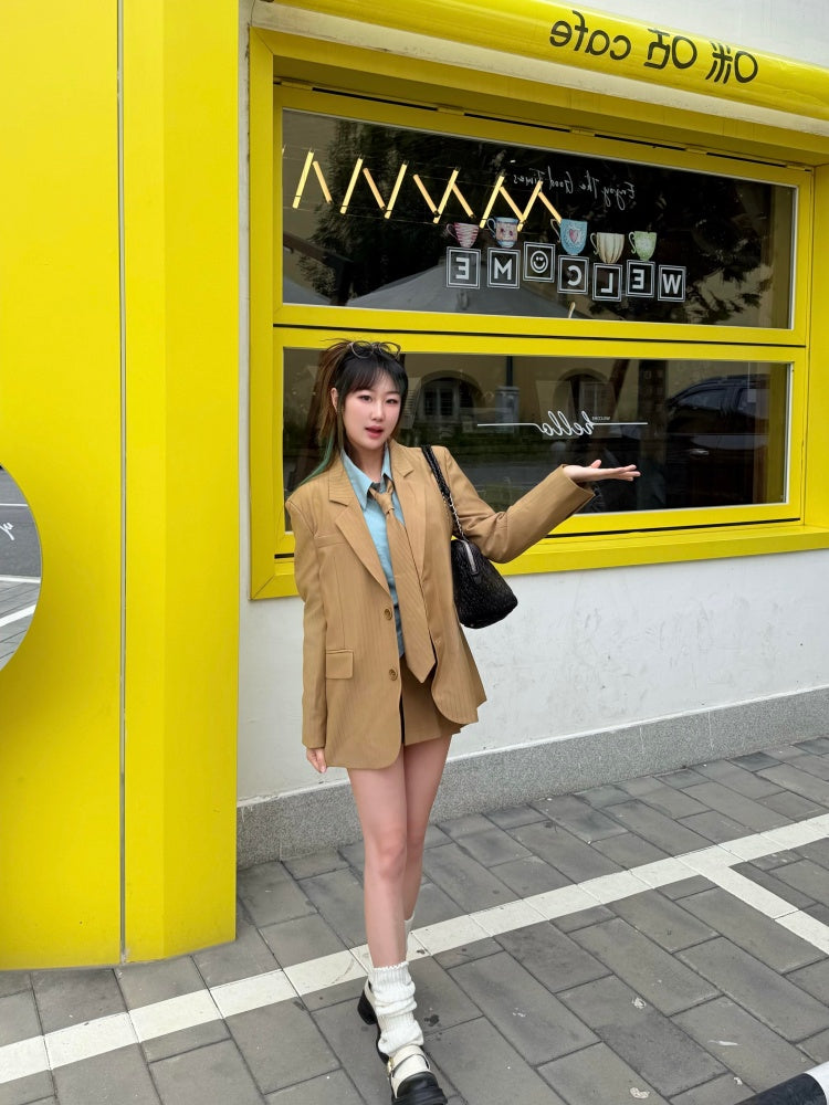 Splendid Lapel Neck Shirt Brown Mini Skirt Vogue 3-Piece Set Long Sleeve Sheath Short Dress AP4017