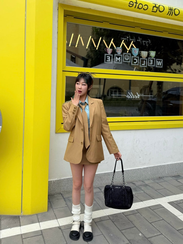 Splendid Lapel Neck Shirt Brown Mini Skirt Vogue 3-Piece Set Long Sleeve Sheath Short Dress AP4017