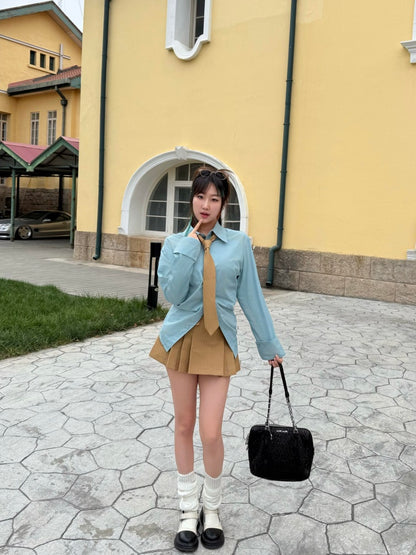 Splendid Lapel Neck Shirt Brown Mini Skirt Vogue 3-Piece Set Long Sleeve Sheath Short Dress AP4017