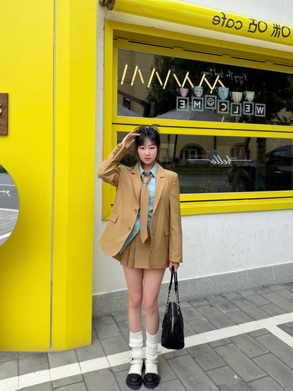 Splendid Lapel Neck Shirt Brown Mini Skirt Vogue 3-Piece Set Long Sleeve Sheath Short Dress AP4017