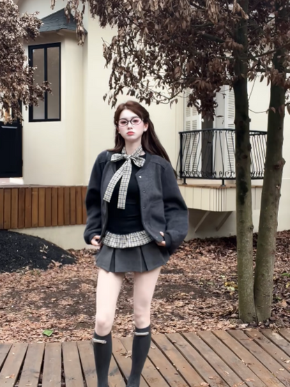 Romantic 2-Piece Set Jewel Neck Loose Fit Mini Skirt Modern Long Sleeve A-Line Short Dress AP4019