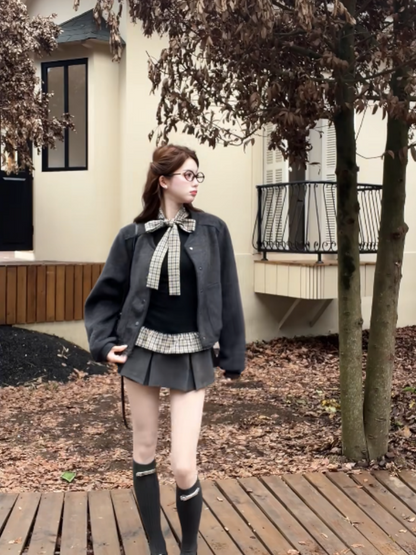 Romantic 2-Piece Set Jewel Neck Loose Fit Mini Skirt Modern Long Sleeve A-Line Short Dress AP4019