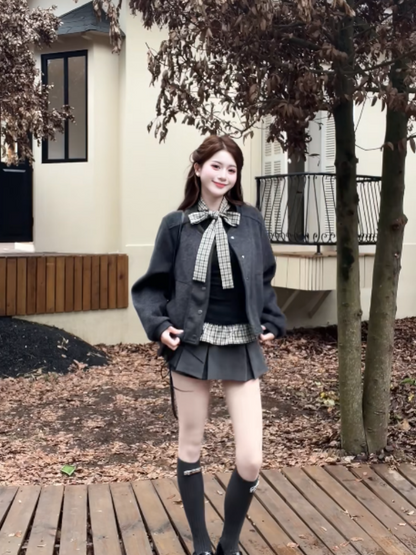 Romantic 2-Piece Set Jewel Neck Loose Fit Mini Skirt Modern Long Sleeve A-Line Short Dress AP4019