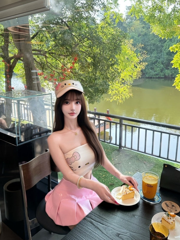 Fabulous A-Line Strapless 2-Piece Set Mini Skirt Cartoon Pattern Bodice Lustrous Pink Short Dress AP4021