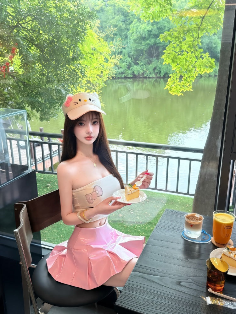 Fabulous A-Line Strapless 2-Piece Set Mini Skirt Cartoon Pattern Bodice Lustrous Pink Short Dress AP4021