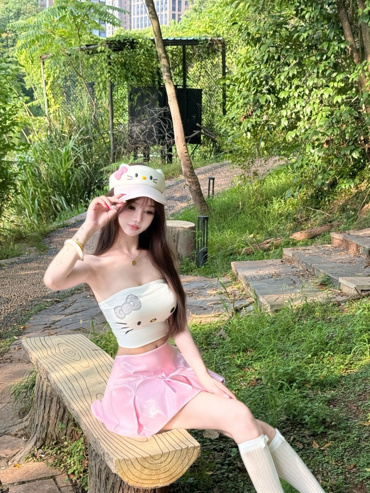 Fabulous A-Line Strapless 2-Piece Set Mini Skirt Cartoon Pattern Bodice Lustrous Pink Short Dress AP4021