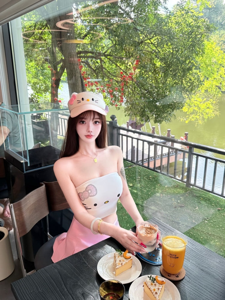 Fabulous A-Line Strapless 2-Piece Set Mini Skirt Cartoon Pattern Bodice Lustrous Pink Short Dress AP4021