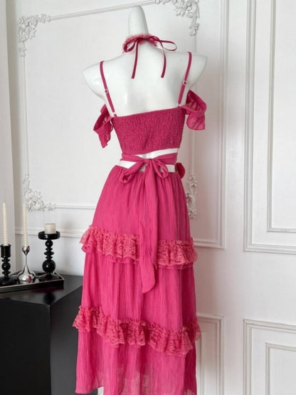 Chic A-Line Lace Trim Tiered Maxi Dress Romantic Beaded Floral Design Spaghetti Straps Ruffles Long Dress AP4022