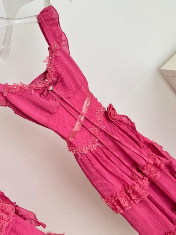 Chic A-Line Lace Trim Tiered Maxi Dress Romantic Beaded Floral Design Spaghetti Straps Ruffles Long Dress AP4022