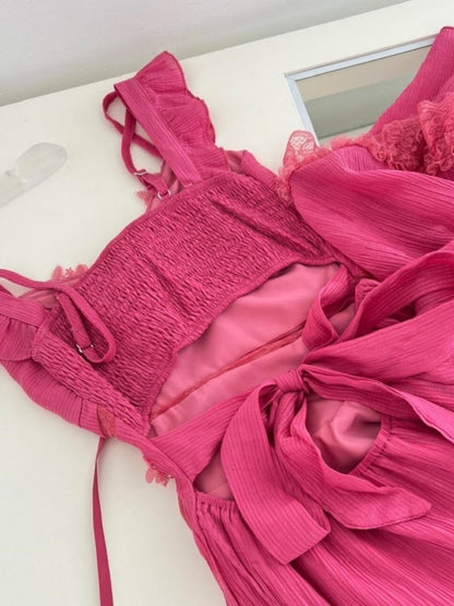 Chic A-Line Lace Trim Tiered Maxi Dress Romantic Beaded Floral Design Spaghetti Straps Ruffles Long Dress AP4022