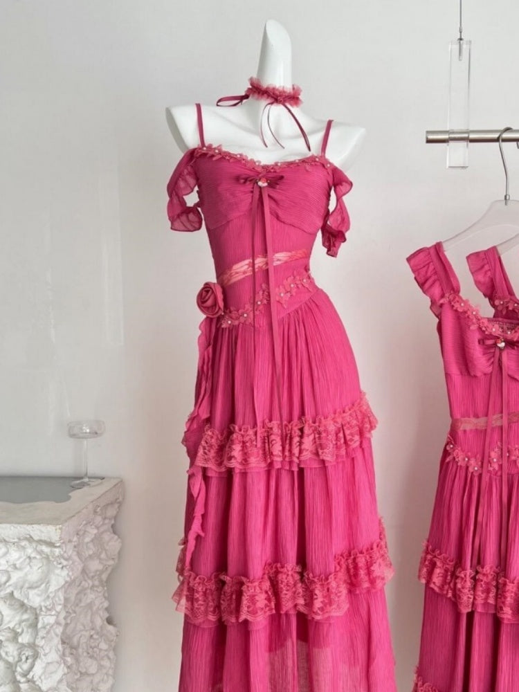 Chic A-Line Lace Trim Tiered Maxi Dress Romantic Beaded Floral Design Spaghetti Straps Ruffles Long Dress AP4022