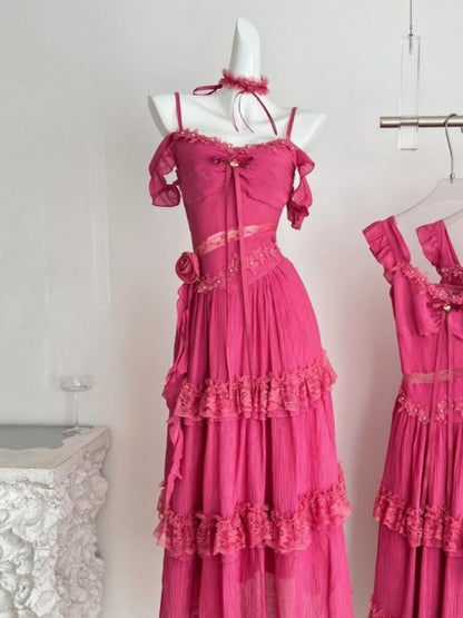 Chic A-Line Lace Trim Tiered Maxi Dress Romantic Beaded Floral Design Spaghetti Straps Ruffles Long Dress AP4022