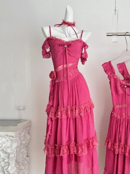 Chic A-Line Lace Trim Tiered Maxi Dress Romantic Beaded Floral Design Spaghetti Straps Ruffles Long Dress AP4022