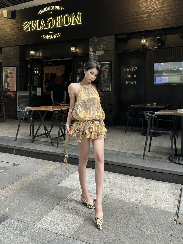 Luxurious Leopard A-Line Backless Mini Skirt Retro Tulle Splicing Cinched-Waist Halter Short Dress AP4023