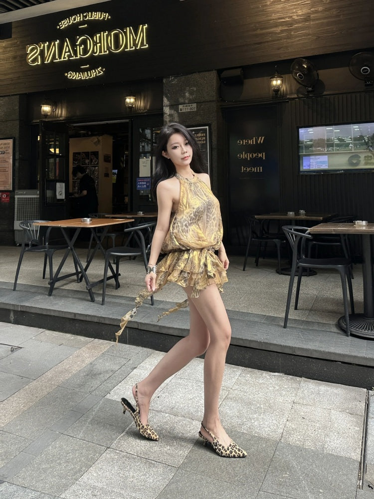 Luxurious Leopard A-Line Backless Mini Skirt Retro Tulle Splicing Cinched-Waist Halter Short Dress AP4023