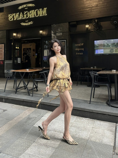 Luxurious Leopard A-Line Backless Mini Skirt Retro Tulle Splicing Cinched-Waist Halter Short Dress AP4023