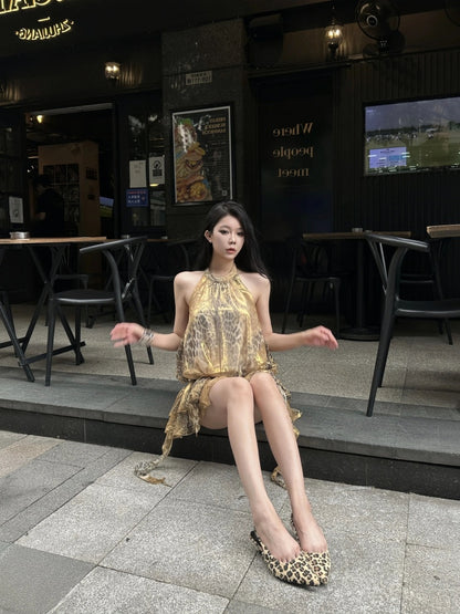 Luxurious Leopard A-Line Backless Mini Skirt Retro Tulle Splicing Cinched-Waist Halter Short Dress AP4023