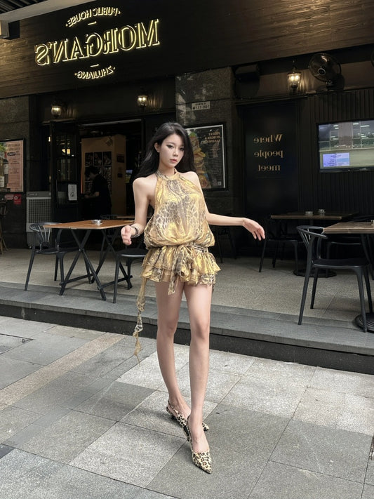 Luxurious Leopard A-Line Backless Mini Skirt Retro Tulle Splicing Cinched-Waist Halter Short Dress AP4023