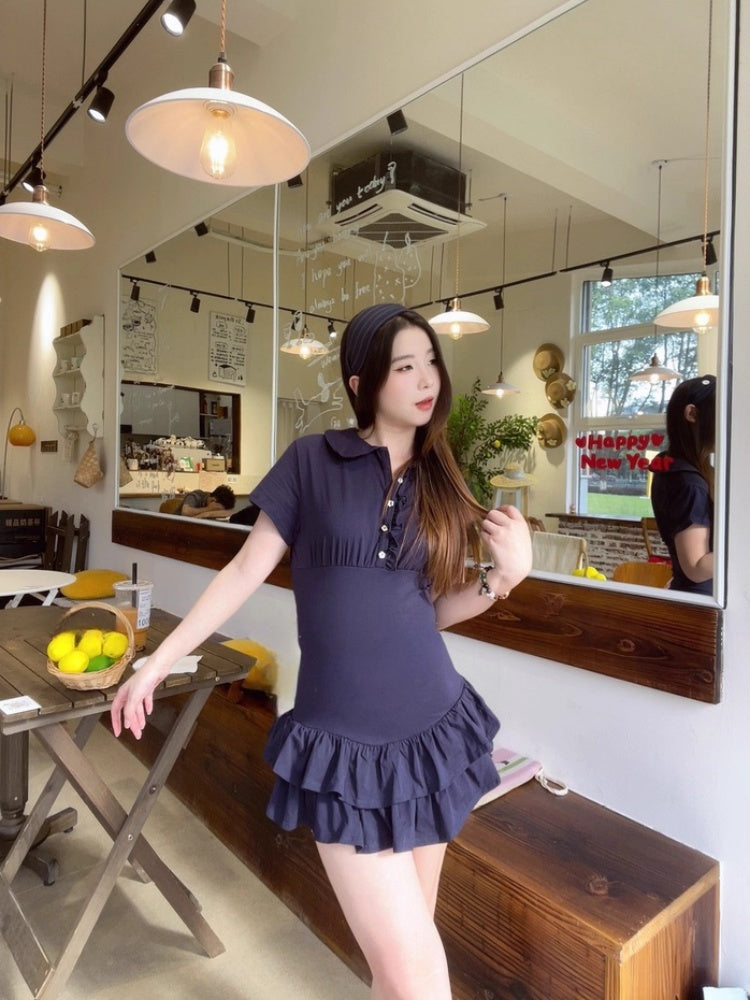 Luxury Short Sleeve A-Line Mini Skirt Chic Ruffles Hem Lapel Neck Short Dress AP4024