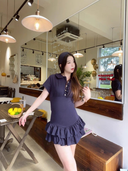 Luxury Short Sleeve A-Line Mini Skirt Chic Ruffles Hem Lapel Neck Short Dress AP4024