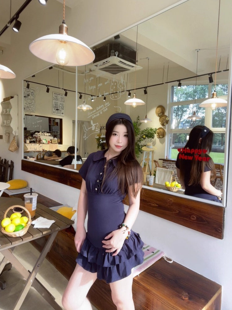 Luxury Short Sleeve A-Line Mini Skirt Chic Ruffles Hem Lapel Neck Short Dress AP4024