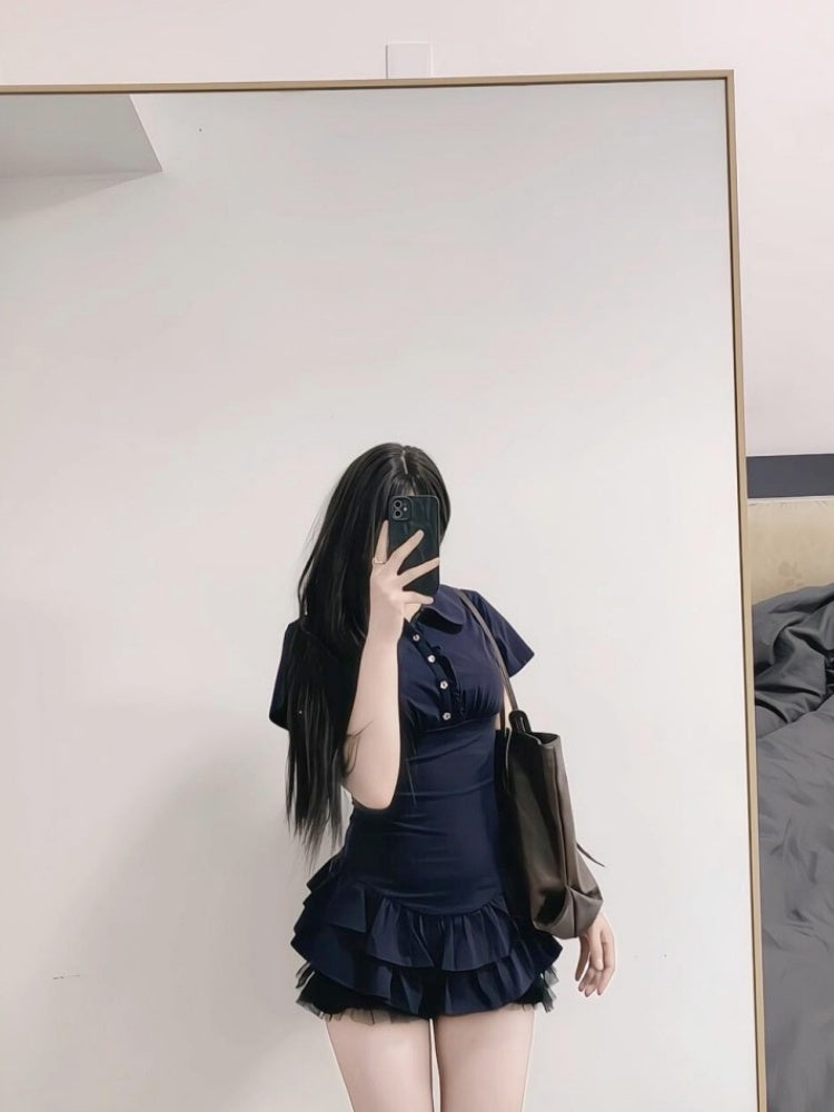Luxury Short Sleeve A-Line Mini Skirt Chic Ruffles Hem Lapel Neck Short Dress AP4024