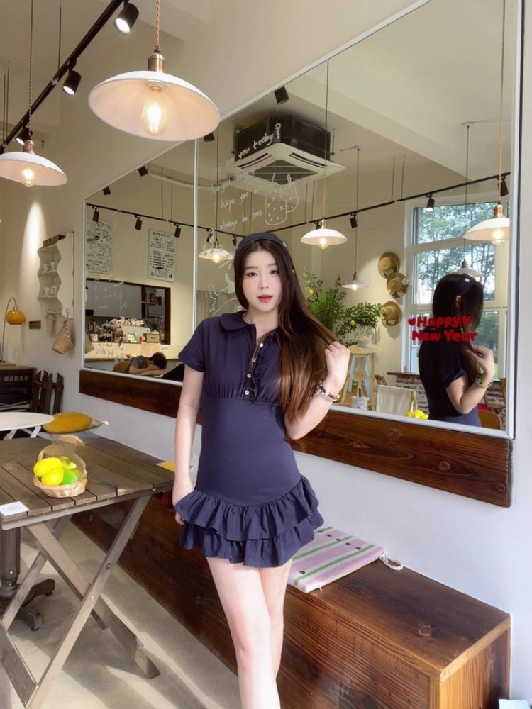 Luxury Short Sleeve A-Line Mini Skirt Chic Ruffles Hem Lapel Neck Short Dress AP4024