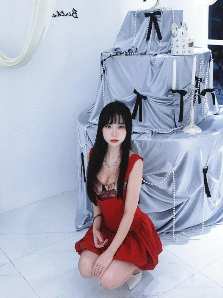 Graceful A-Line Red Cinched-Waist Mini Skirt Refined Spaghetti Strap Sequins Accent Short Dress AP4025