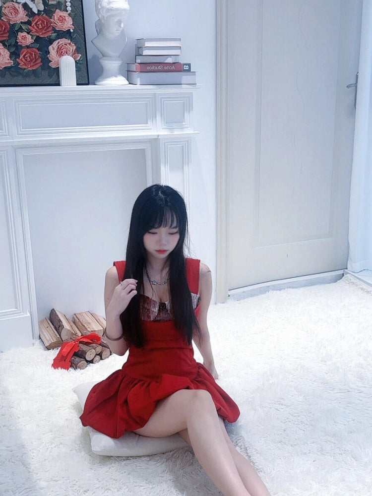 Graceful A-Line Red Cinched-Waist Mini Skirt Refined Spaghetti Strap Sequins Accent Short Dress AP4025