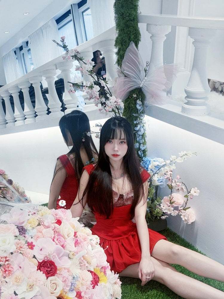 Graceful A-Line Red Cinched-Waist Mini Skirt Refined Spaghetti Strap Sequins Accent Short Dress AP4025