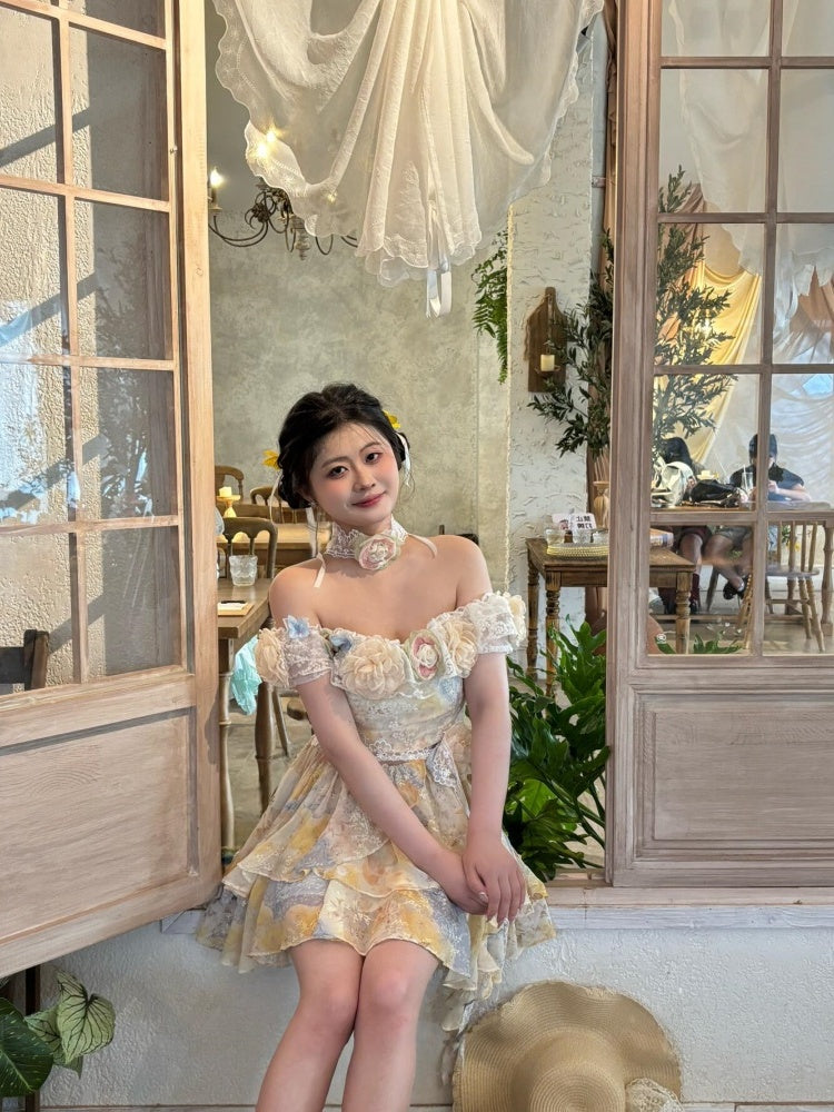 Elegant A-Line Off-Shoulder Mini Skirt Romantic 3D Floral Lace Ruffles Trim Short Dress AP4026