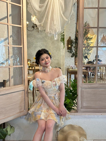 Elegant A-Line Off-Shoulder Mini Skirt Romantic 3D Floral Lace Ruffles Trim Short Dress AP4026