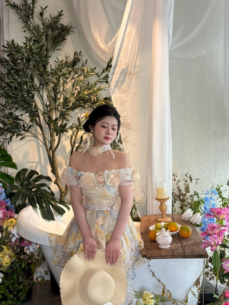 Elegant A-Line Off-Shoulder Mini Skirt Romantic 3D Floral Lace Ruffles Trim Short Dress AP4026