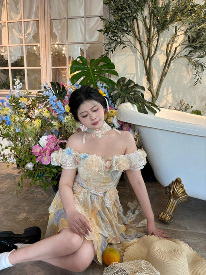 Elegant A-Line Off-Shoulder Mini Skirt Romantic 3D Floral Lace Ruffles Trim Short Dress AP4026