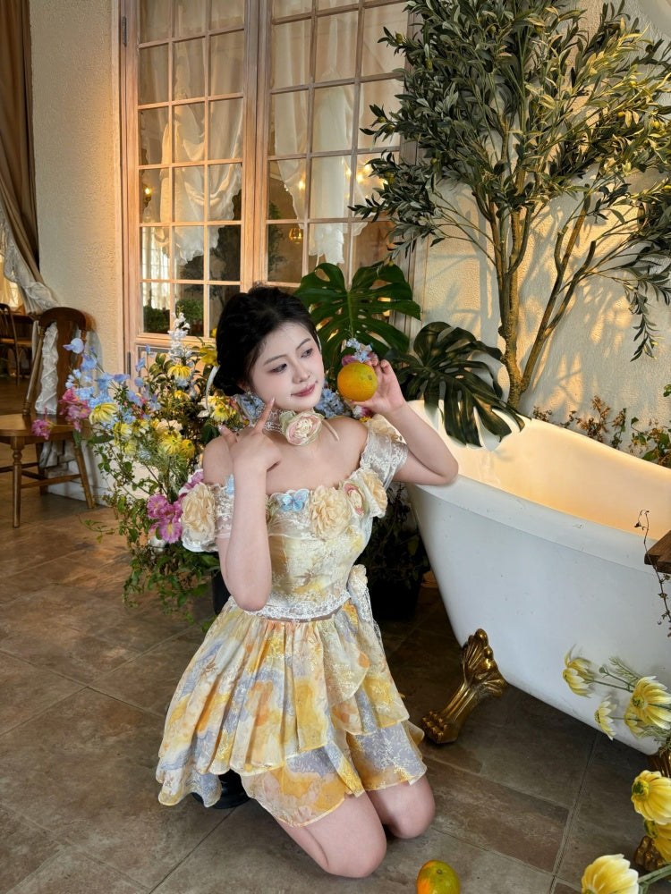 Elegant A-Line Off-Shoulder Mini Skirt Romantic 3D Floral Lace Ruffles Trim Short Dress AP4026