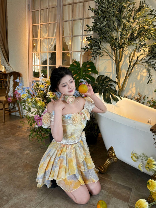 Elegant A-Line Off-Shoulder Mini Skirt Romantic 3D Floral Lace Ruffles Trim Short Dress AP4026