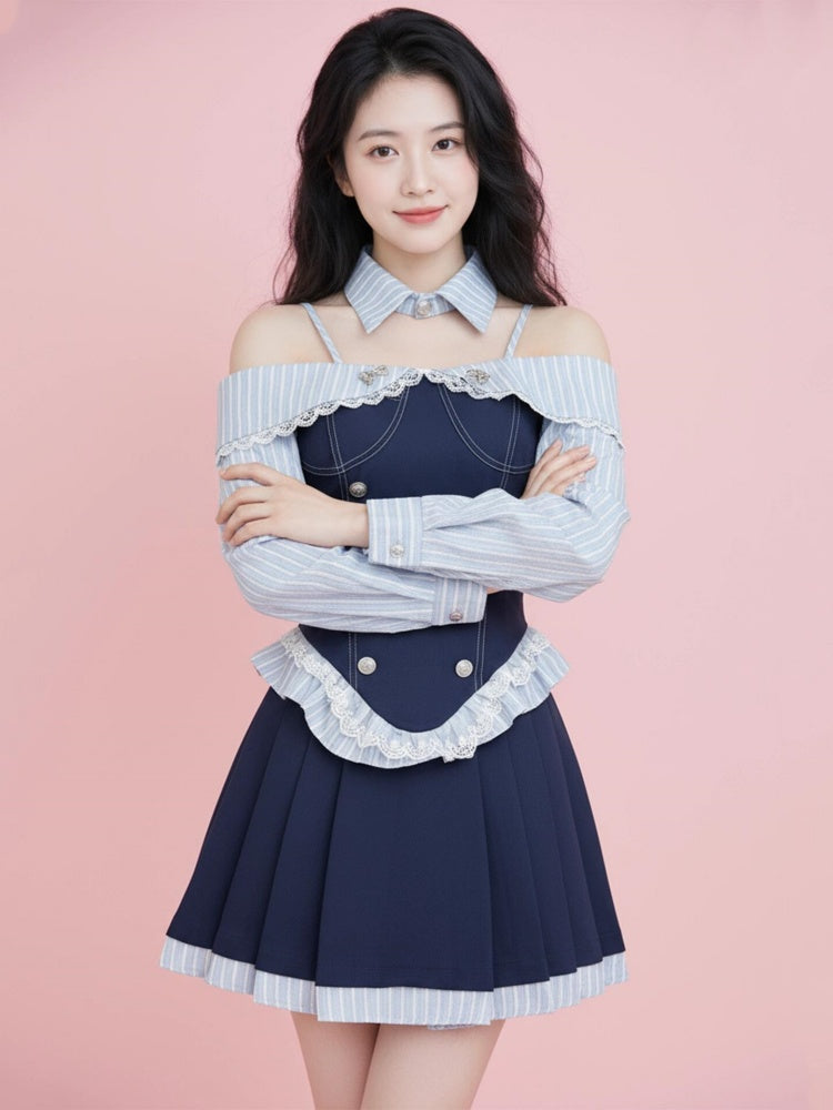 Classical A-Line Lace Trim Stripe Mini Skirt Fashionable Long Sleeve Off-Shoulder Short Dress AP4027