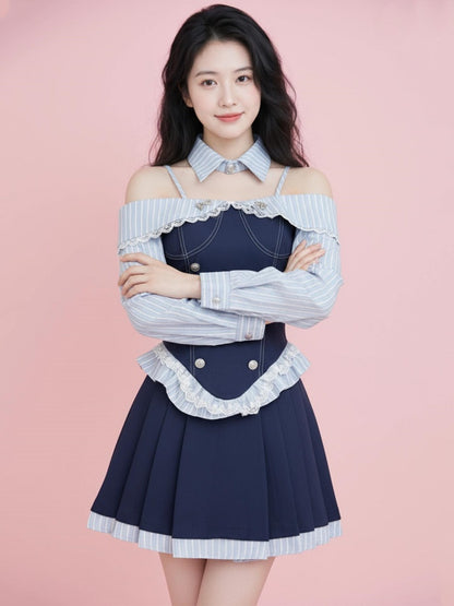 Classical A-Line Lace Trim Stripe Mini Skirt Fashionable Long Sleeve Off-Shoulder Short Dress AP4027