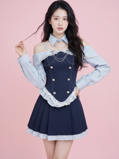 Classical A-Line Lace Trim Stripe Mini Skirt Fashionable Long Sleeve Off-Shoulder Short Dress AP4027