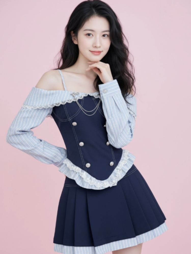 Classical A-Line Lace Trim Stripe Mini Skirt Fashionable Long Sleeve Off-Shoulder Short Dress AP4027