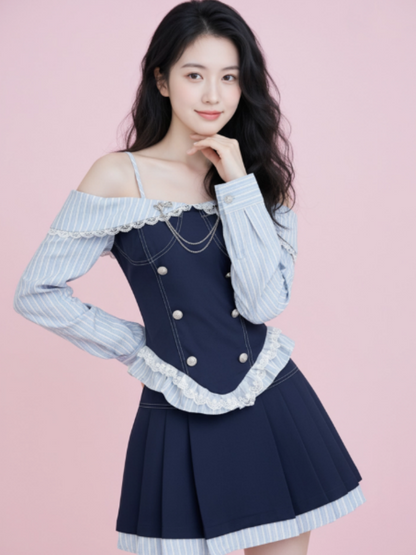 Classical A-Line Lace Trim Stripe Mini Skirt Fashionable Long Sleeve Off-Shoulder Short Dress AP4027