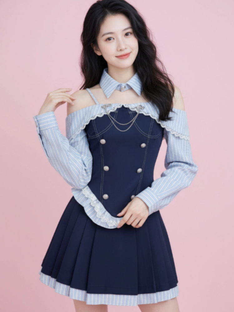 Classical A-Line Lace Trim Stripe Mini Skirt Fashionable Long Sleeve Off-Shoulder Short Dress AP4027