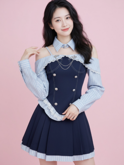 Classical A-Line Lace Trim Stripe Mini Skirt Fashionable Long Sleeve Off-Shoulder Short Dress AP4027