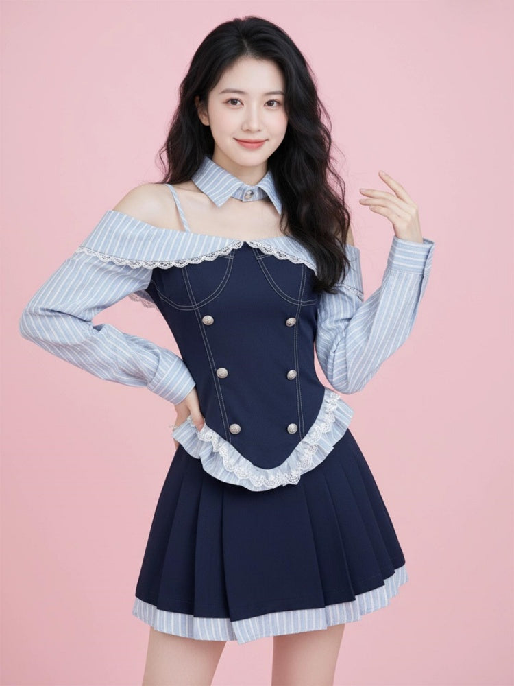 Classical A-Line Lace Trim Stripe Mini Skirt Fashionable Long Sleeve Off-Shoulder Short Dress AP4027