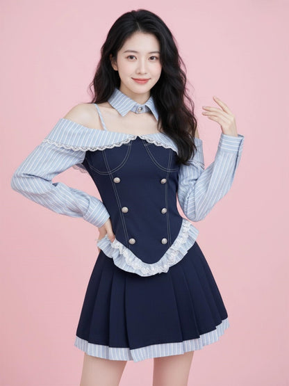 Classical A-Line Lace Trim Stripe Mini Skirt Fashionable Long Sleeve Off-Shoulder Short Dress AP4027