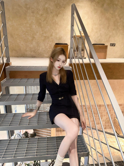 Fantastic Long Sleeve V Neck Mini Skirt Simple Cinched-Waist Sheath Short Dress AP4028