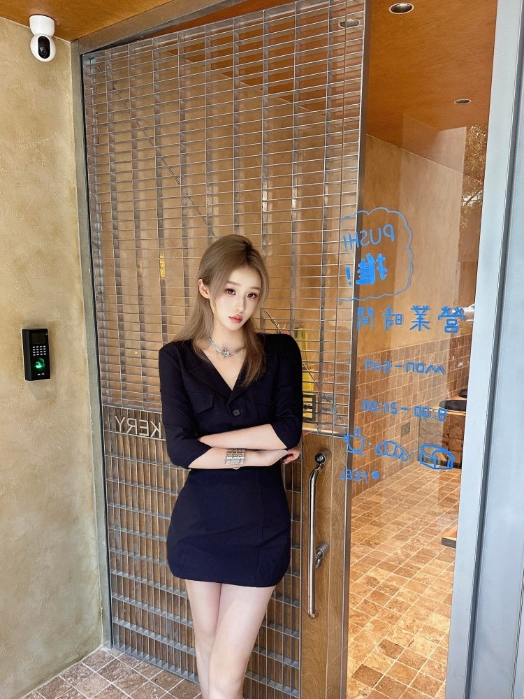 Fantastic Long Sleeve V Neck Mini Skirt Simple Cinched-Waist Sheath Short Dress AP4028