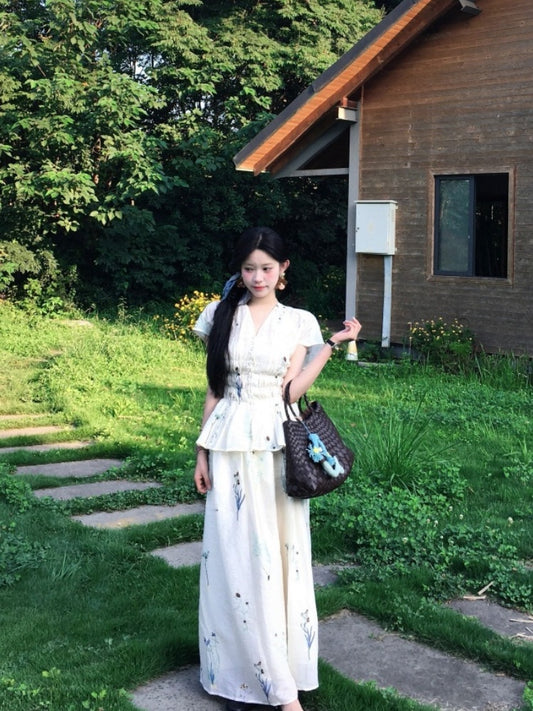 Sweet A-Line V Neck Floral Maxi Dress Rural Photoshoots 2-Piece Set Cinched-Waist Long Dress AP4029