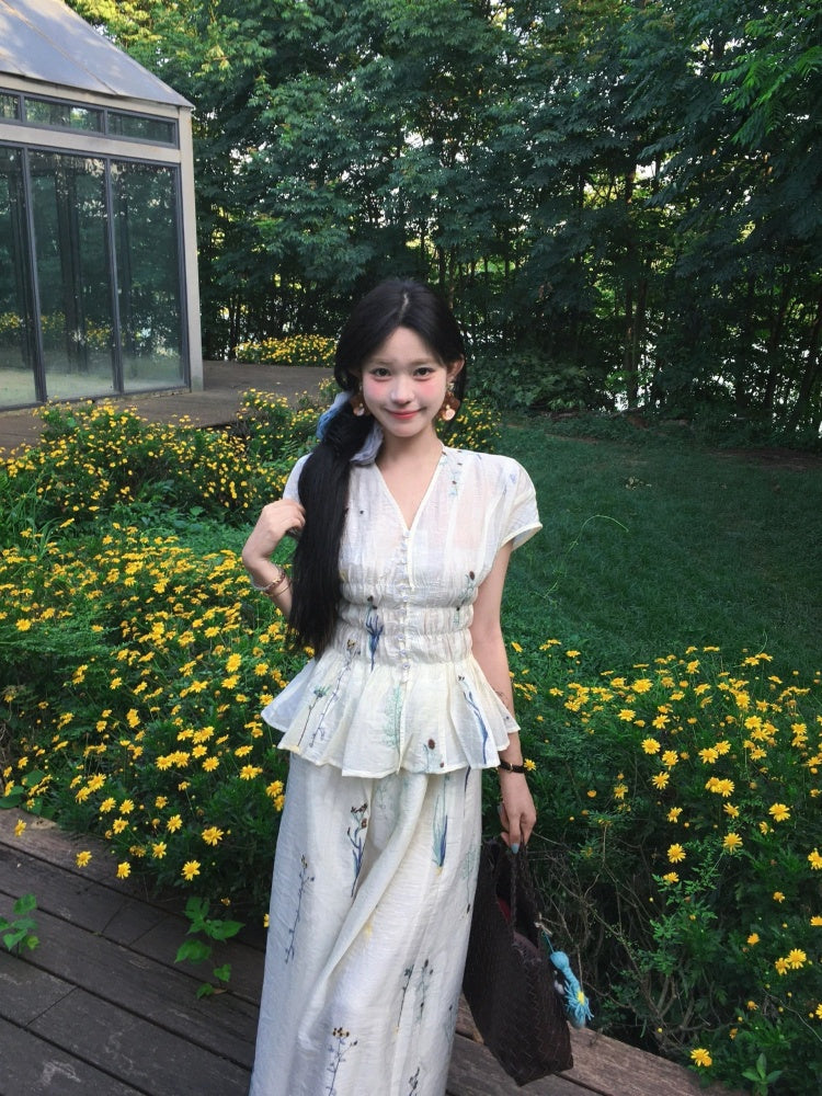 Sweet A-Line V Neck Floral Maxi Dress Rural Photoshoots 2-Piece Set Cinched-Waist Long Dress AP4029