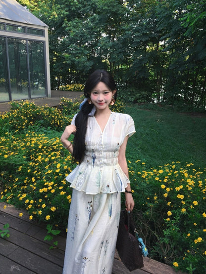 Sweet A-Line V Neck Floral Maxi Dress Rural Photoshoots 2-Piece Set Cinched-Waist Long Dress AP4029